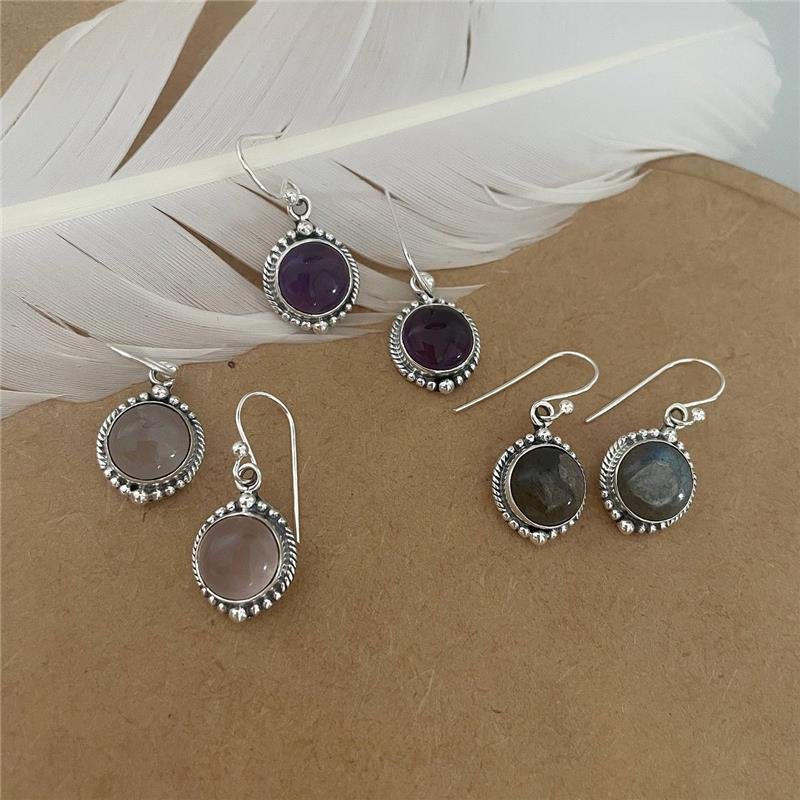 BRINCO PRATA 925 PENDURADO PEDRA NATURAL REDONDA