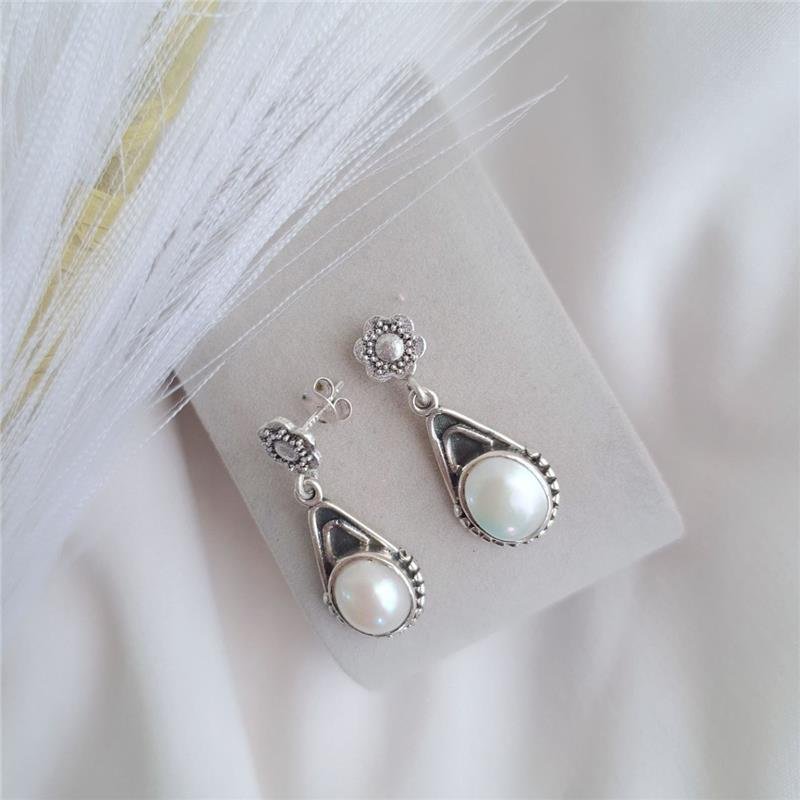 BRINCO PRATA BALI BASE FLOR GOTA TRABALHADA PEDRA NATURAL REDONDA