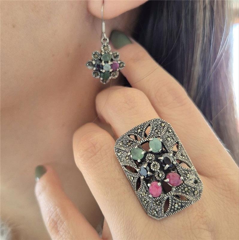 BRINCO PRATA BALI FLOR ESMERALDA RUBI ONIX VOLTA GOTAS BASE MARCASSITA