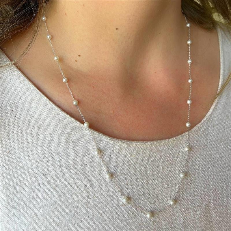 COLAR PRATA 925 ALONGADO PÉROLAS PEQUENAS INTERCALADAS 