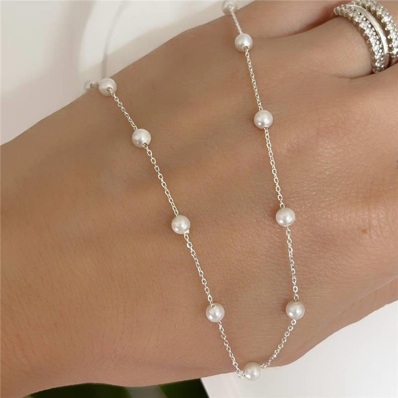 COLAR PRATA 925 ALONGADO PÉROLAS PEQUENAS INTERCALADAS 