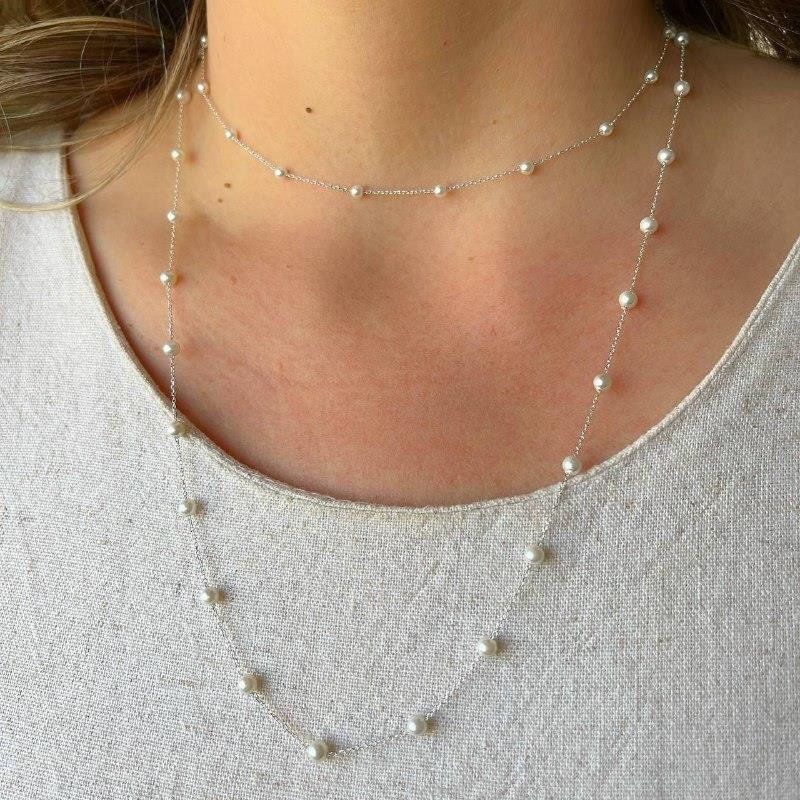 COLAR PRATA 925 ALONGADO PÉROLAS PEQUENAS INTERCALADAS 