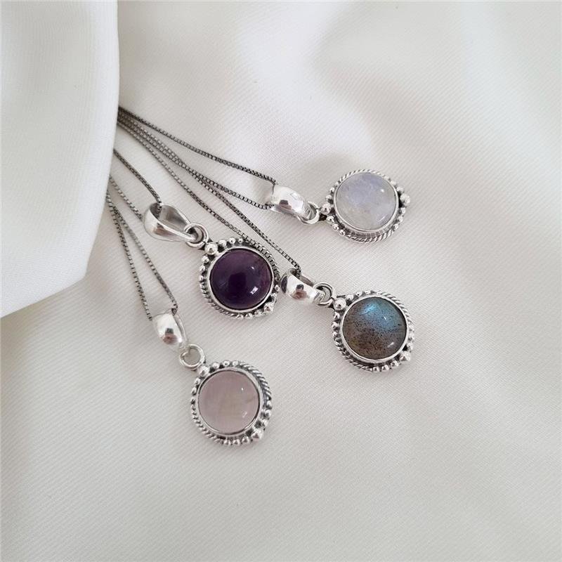 COLAR PRATA 925 BOLINHAS PEDRA NATURAL