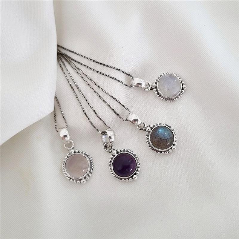 COLAR PRATA 925 BOLINHAS PEDRA NATURAL