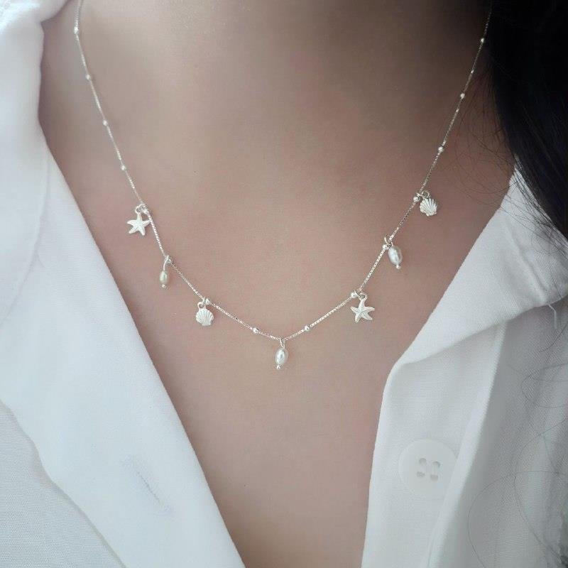 COLAR PRATA 925 BOLINHAS PINGENTES PÉROLAS CONCHA ESTRELA DO MAR