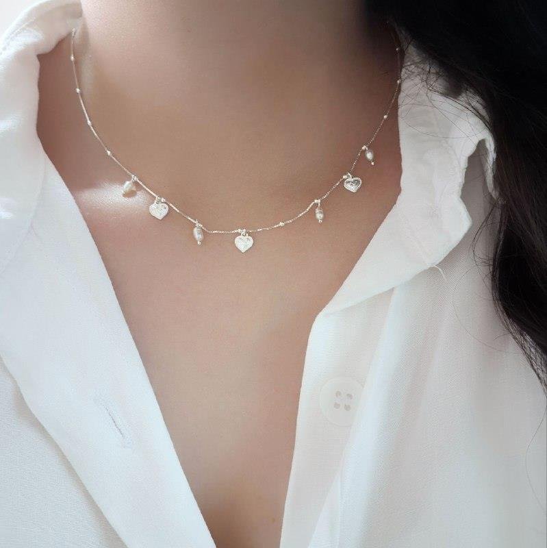 COLAR PRATA 925 BOLINHAS PINGENTES PÉROLAS CORAÇÃO