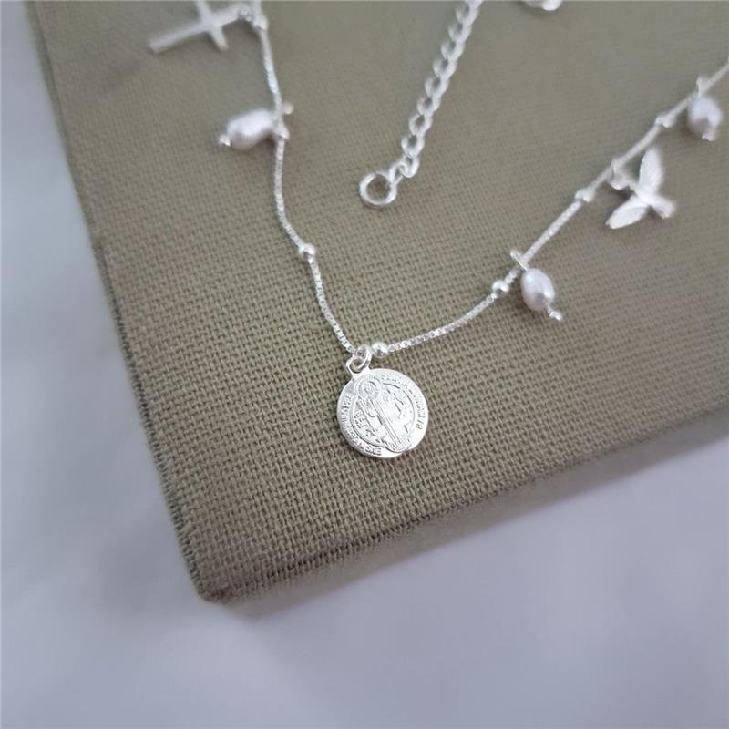 COLAR PRATA 925 BOLINHAS PINGENTES PÉROLAS CRUZ SÃO BENTO ESPÍRITO SANTO