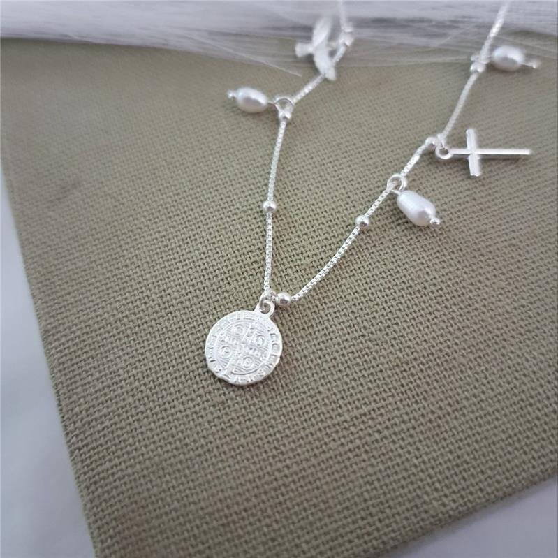 COLAR PRATA 925 BOLINHAS PINGENTES PÉROLAS CRUZ SÃO BENTO ESPÍRITO SANTO