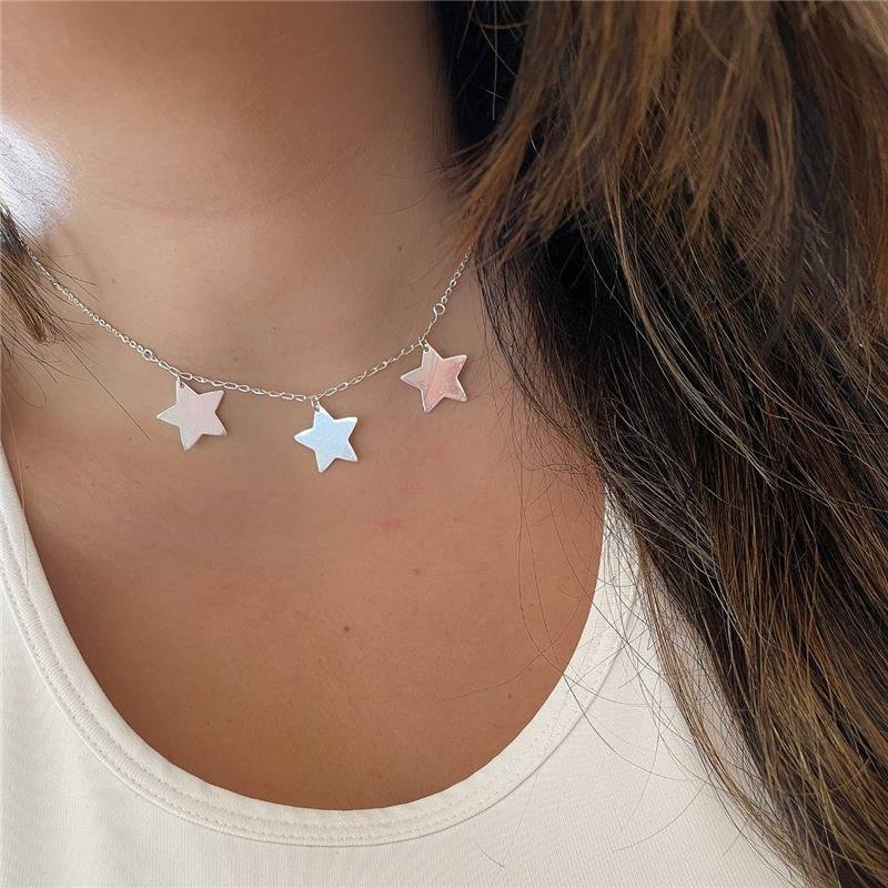 COLAR PRATA 925 CHOKER ESTRELAS LISAS PENDURADAS