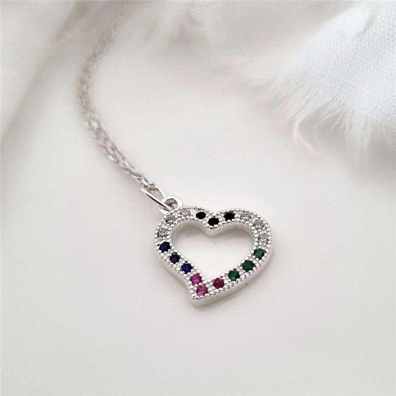COLAR PRATA 925 CORAÇÃO PEDRAS COLORIDAS