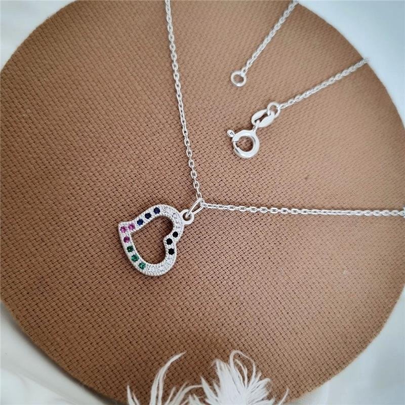 COLAR PRATA 925 CORAÇÃO PEDRAS COLORIDAS