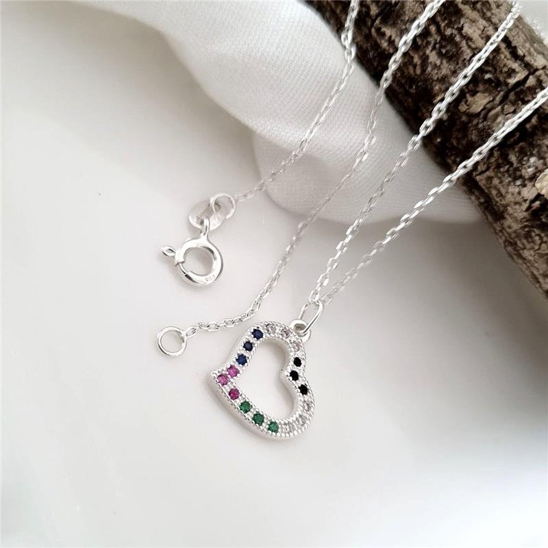 COLAR PRATA 925 CORAÇÃO PEDRAS COLORIDAS