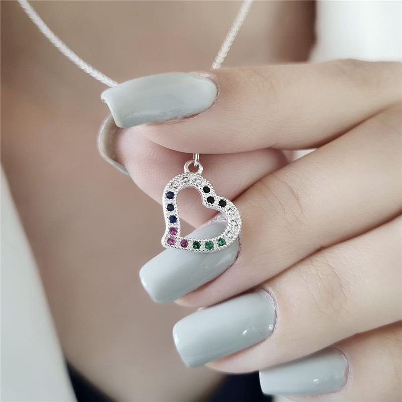 COLAR PRATA 925 CORAÇÃO PEDRAS COLORIDAS