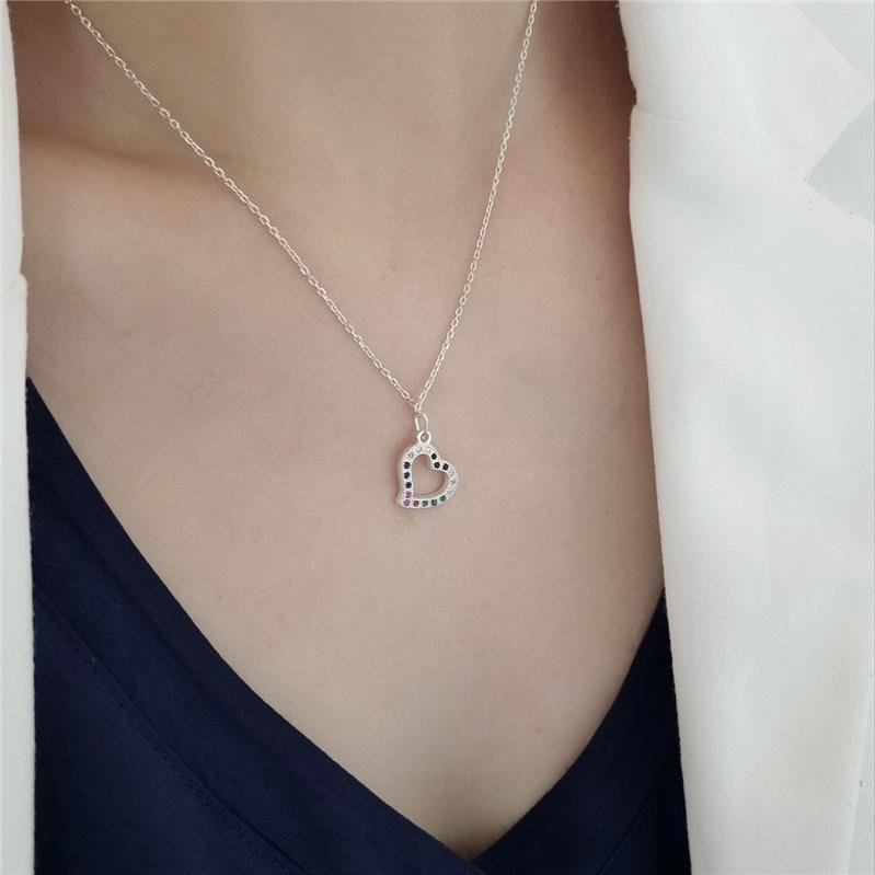 COLAR PRATA 925 CORAÇÃO PEDRAS COLORIDAS