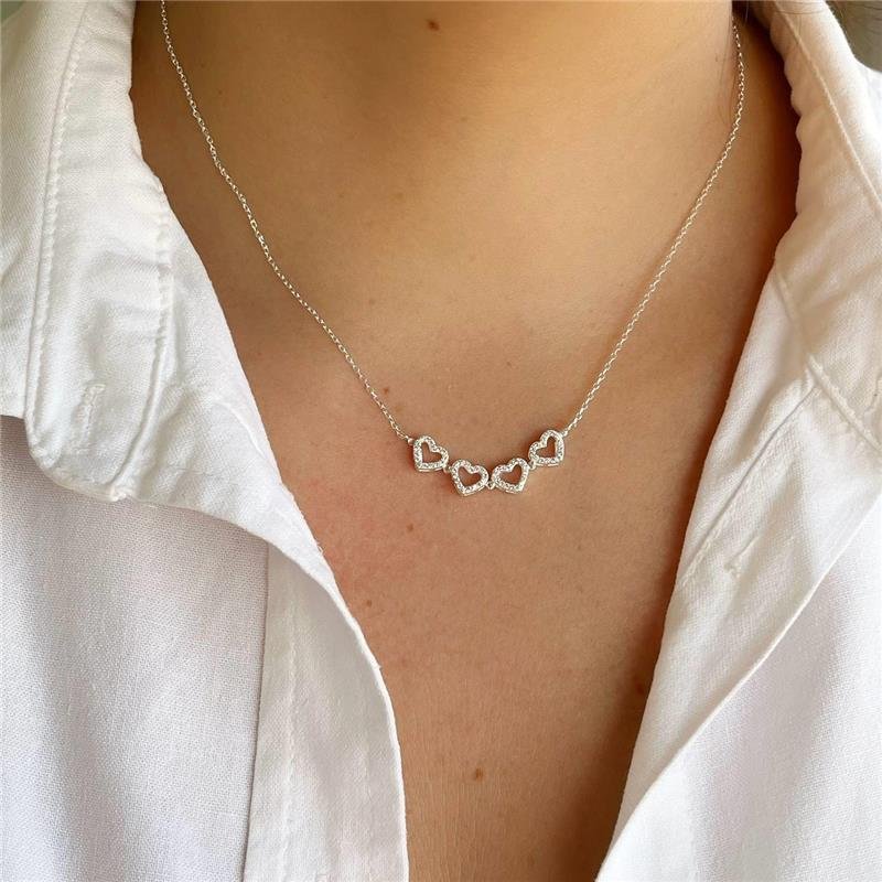 COLAR PRATA 925 CORAÇÕES/ TREVO VAZADOS CRAVEJADOS MICROZIRCÔNIAS