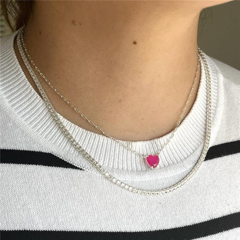 COLAR PRATA 925 CORRENTE PINGENTE CORAÇÃO ROSA