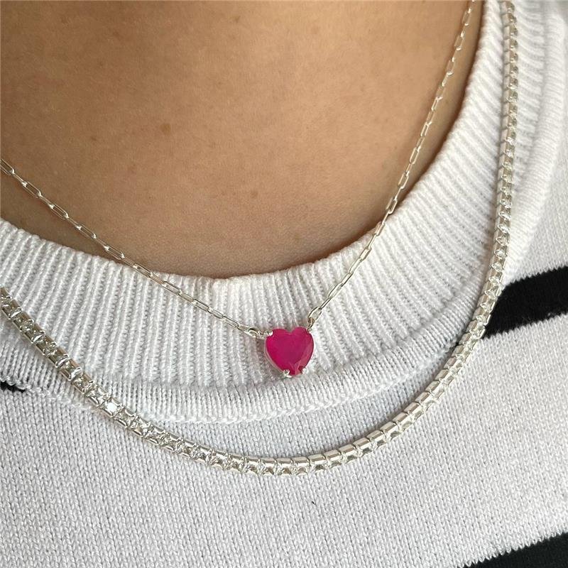COLAR PRATA 925 CORRENTE PINGENTE CORAÇÃO ROSA