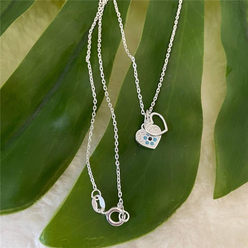 COLAR PRATA 925 DOIS CORAÇÕES OLHO GREGO CRAVEJADO E LISO VAZADO