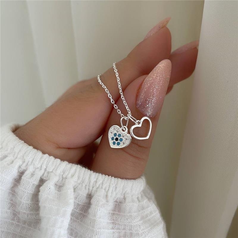 COLAR PRATA 925 DOIS CORAÇÕES OLHO GREGO CRAVEJADO E LISO VAZADO