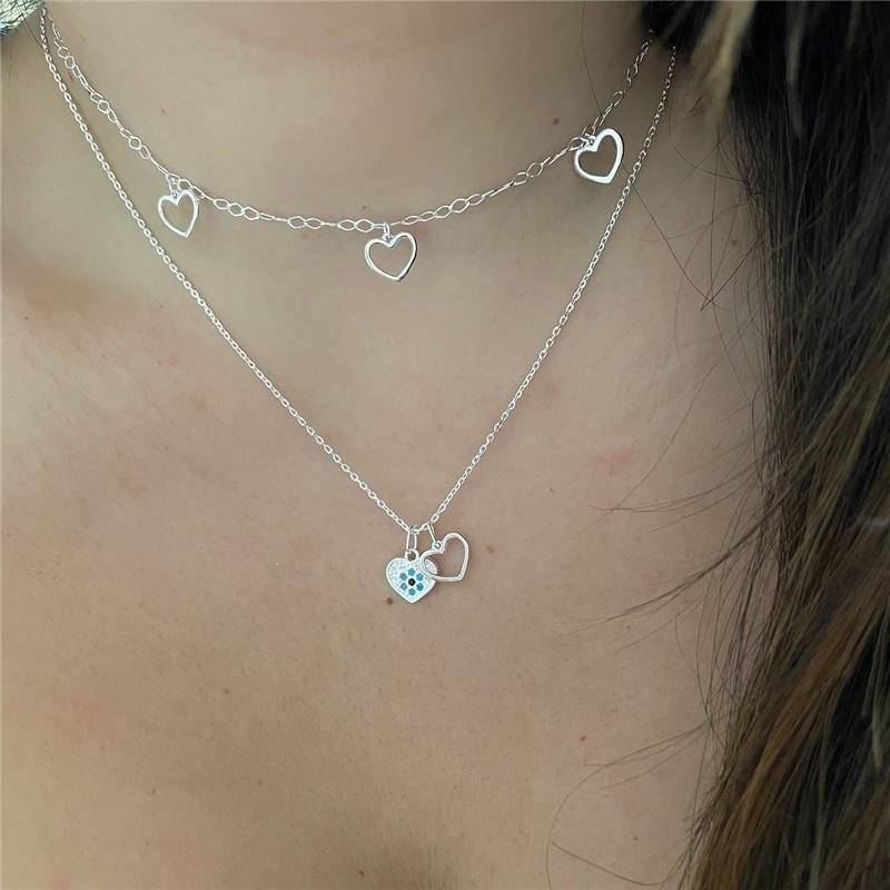 COLAR PRATA 925 DOIS CORAÇÕES OLHO GREGO CRAVEJADO E LISO VAZADO