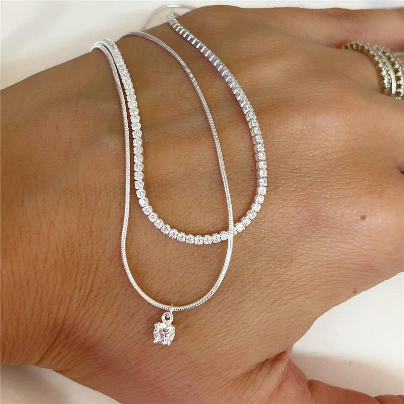 COLAR PRATA 925 DUPLO RIVIEIRA E CORDÃO LISO PINGENTE PONTO LUZ 40CM