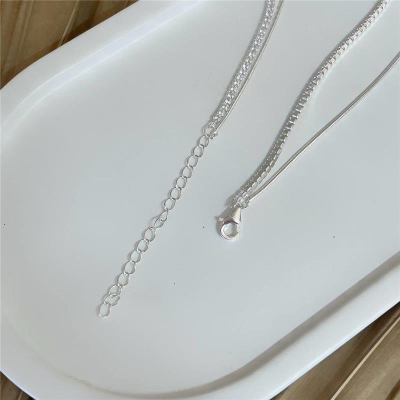 COLAR PRATA 925 DUPLO RIVIEIRA E CORDÃO LISO PINGENTE PONTO LUZ 40CM