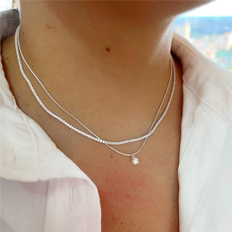 COLAR PRATA 925 DUPLO RIVIEIRA E CORDÃO LISO PINGENTE PONTO LUZ 40CM