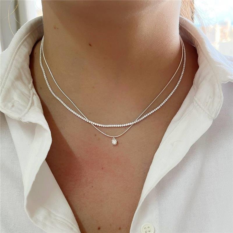 COLAR PRATA 925 DUPLO RIVIEIRA E CORDÃO LISO PINGENTE PONTO LUZ 40CM