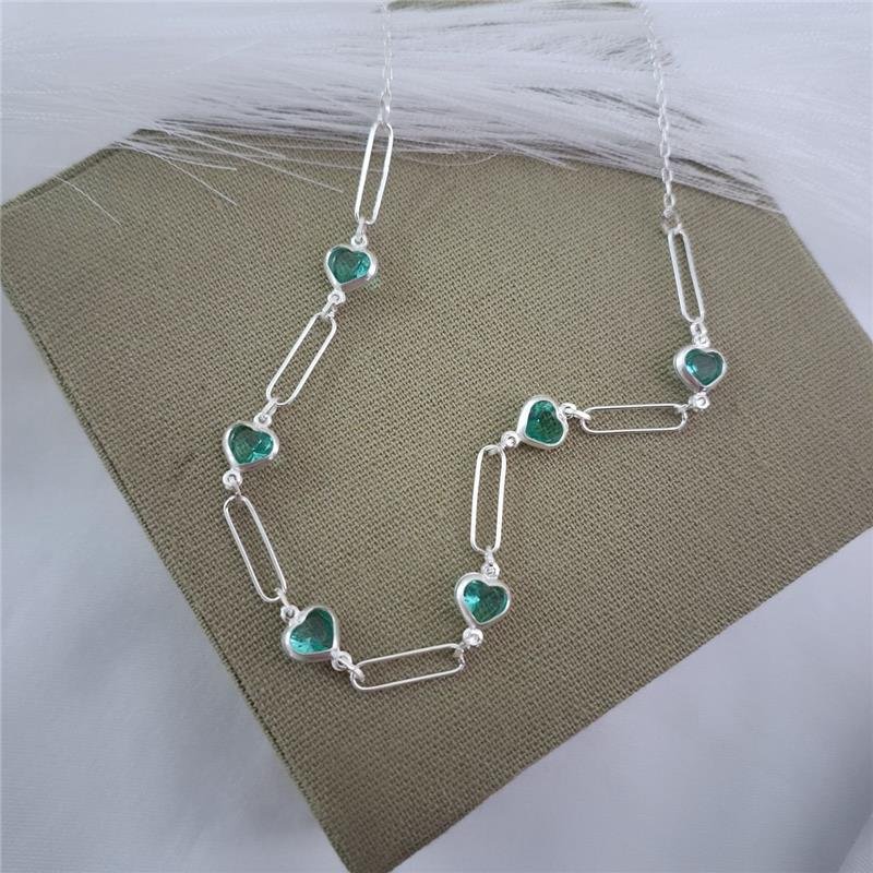 COLAR PRATA 925 ELOS ESPAÇADOS CORAÇÕES ZIRCÔNIA VERDE
