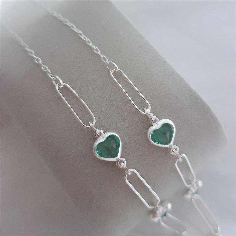 COLAR PRATA 925 ELOS ESPAÇADOS CORAÇÕES ZIRCÔNIA VERDE