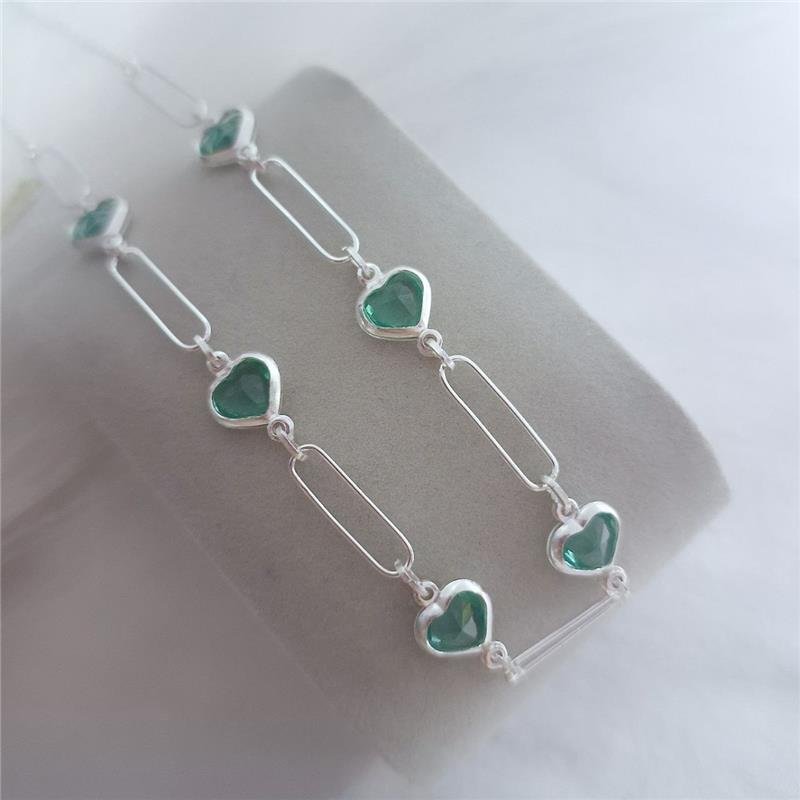 COLAR PRATA 925 ELOS ESPAÇADOS CORAÇÕES ZIRCÔNIA VERDE