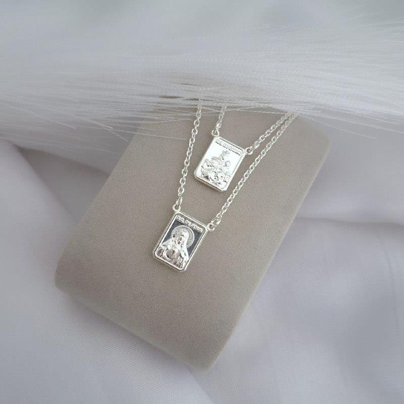 COLAR PRATA 925 ESCAPULÁRIO NOSSA SENHORA DO CARMO E SAGRADO CORAÇÃO DE JESUS