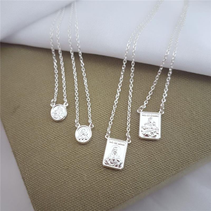 COLAR PRATA 925 ESCAPULÁRIO REDONDO NOSSA SENHORA DO CARMO E SAGRADO CORAÇÃO DE JESUS 