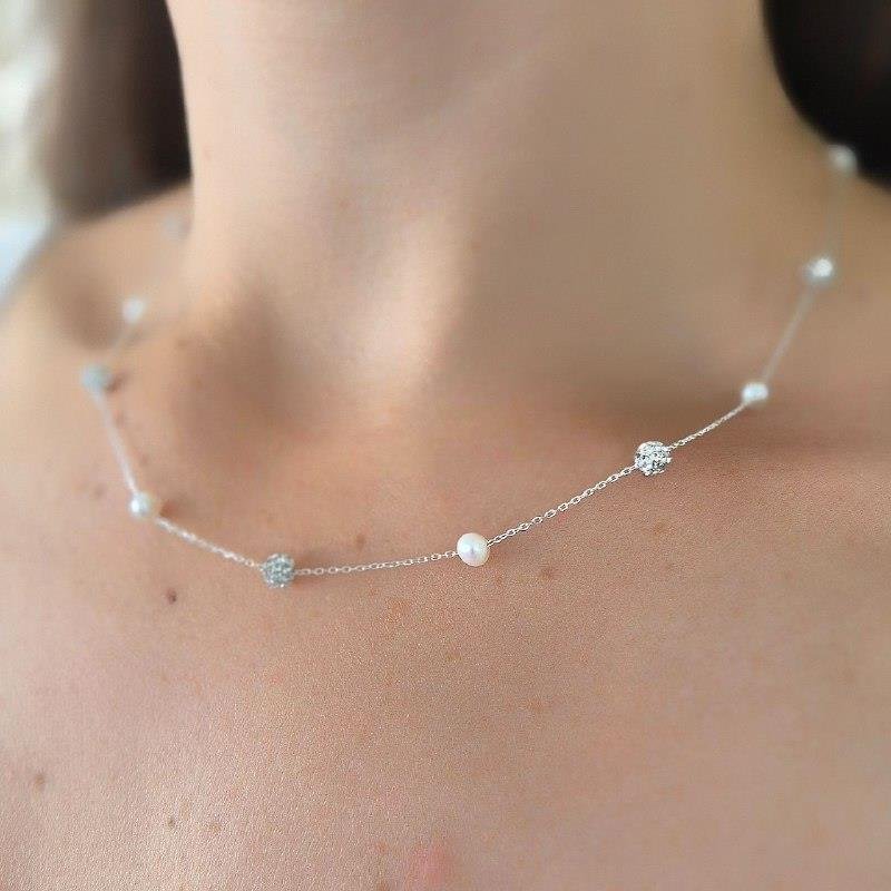 COLAR PRATA 925 GARGANTILHA PÉROLAS E BOLINHAS ZIRCONIAS