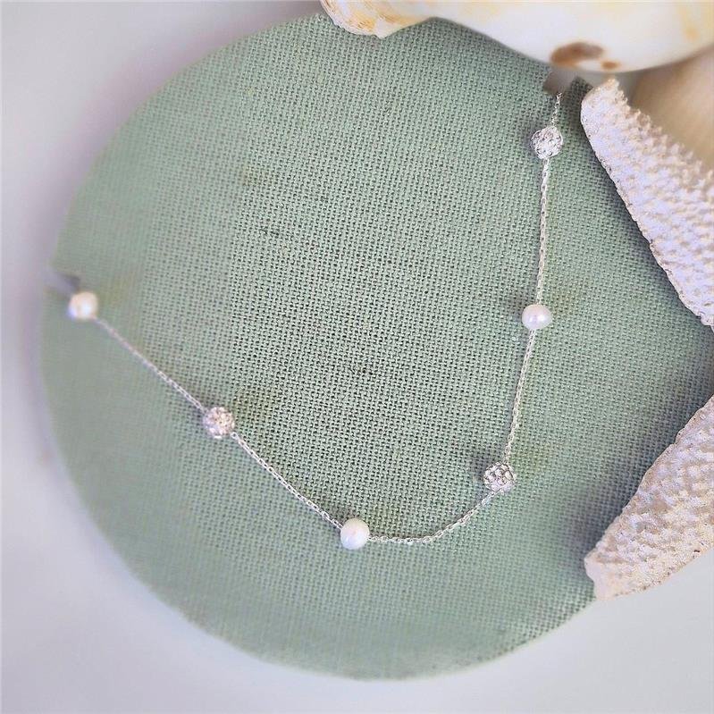 COLAR PRATA 925 GARGANTILHA PÉROLAS E BOLINHAS ZIRCONIAS