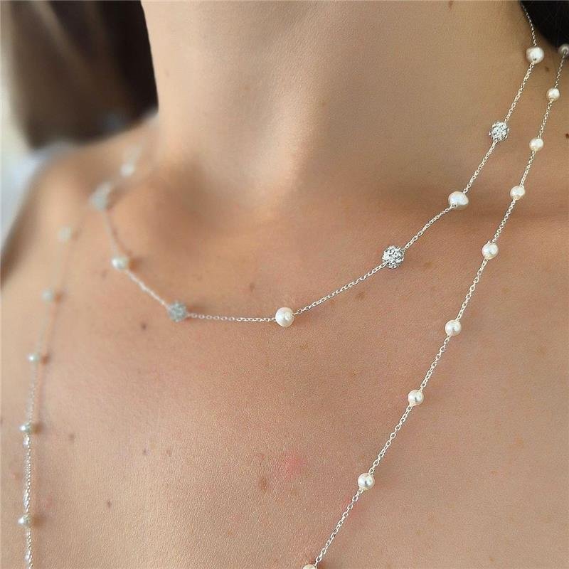 COLAR PRATA 925 GARGANTILHA PÉROLAS E BOLINHAS ZIRCONIAS