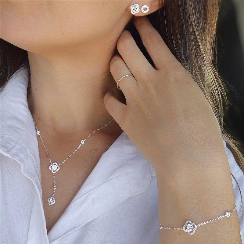 COLAR PRATA 925 GARGANTILHA TREVO PONTO LUZ ZIRCÔNIA