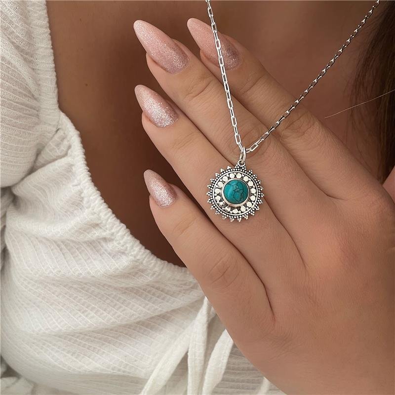 COLAR PRATA 925 MANDALA FLOR PEDRA NATURAL