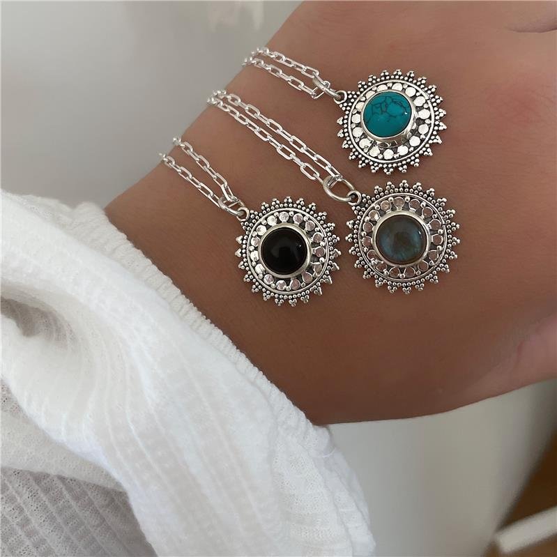 COLAR PRATA 925 MANDALA FLOR PEDRA NATURAL