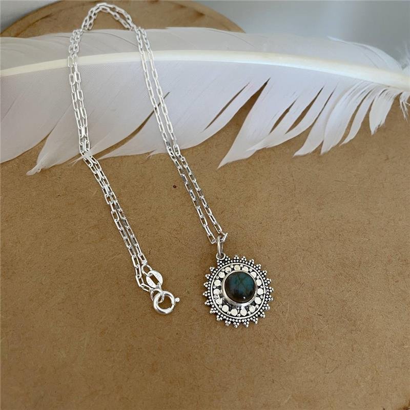 COLAR PRATA 925 MANDALA FLOR PEDRA NATURAL