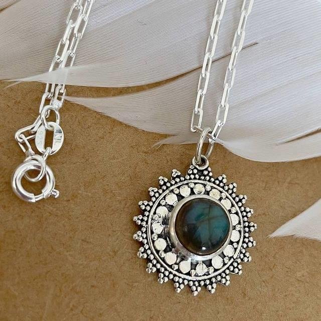 COLAR PRATA 925 MANDALA FLOR PEDRA NATURAL