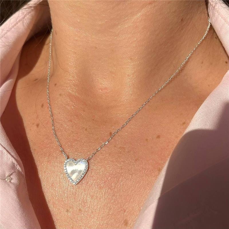 COLAR PRATA 925 PINGENTE CORAÇÃO MADREPÉROLA CONTORNO MICROZIRCÔNIAS
