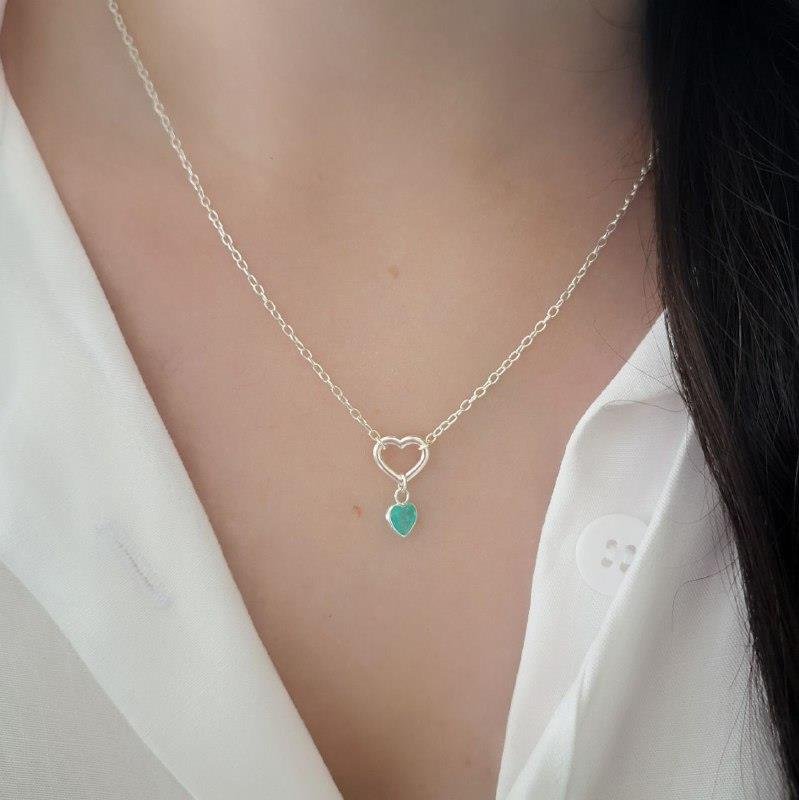 COLAR PRATA 925 PINGENTE CORAÇÃO ZIRCÔNIA VERDE