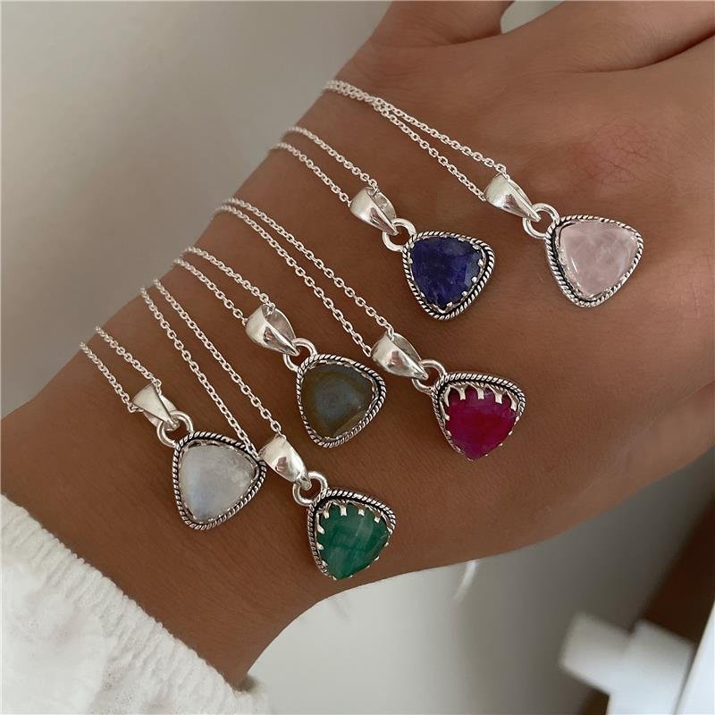 COLAR PRATA 925 PINGENTE TRIANGULAR PEDRA NATURAL