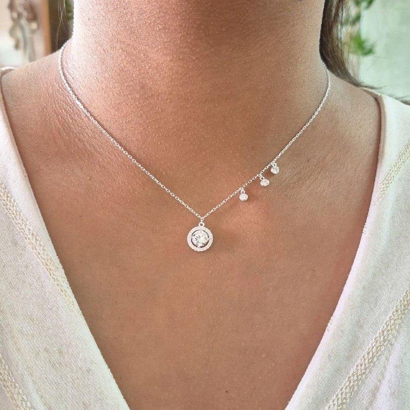 COLAR PRATA 925 PINGENTE ZIRCONIA 8 MM 3 ZIRCONIAS LATERAIS