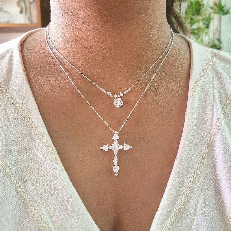COLAR PRATA 925 PINGENTE ZIRCONIA CRAVEJADA EM FORMATO QUADRADO