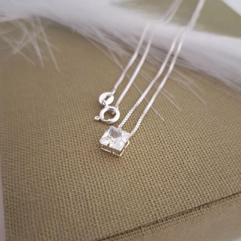 COLAR PRATA 925 PONTO LUZ QUADRADO CAIXA INGLESA 45 CM