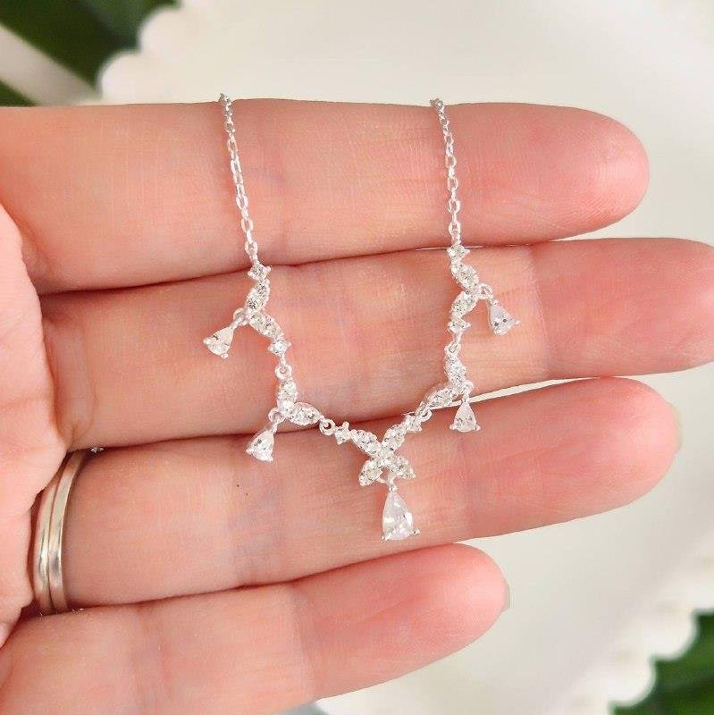 COLAR PRATA 925 TREVOS GOTAS CRAVEJADO ZIRCÔNIA