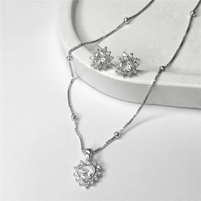 CONJUNTO PRATA 925 BRINCO E PINGENTE CORAÇÃO ZIRCÔNIA