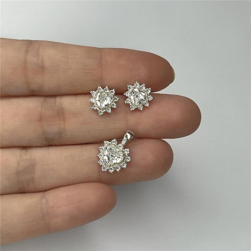 CONJUNTO PRATA 925 BRINCO E PINGENTE CORAÇÃO ZIRCÔNIA
